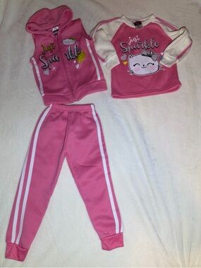 Kids Pink 'Just Sparkle' Matching Set - Hoodie Vest, Top & Joggers